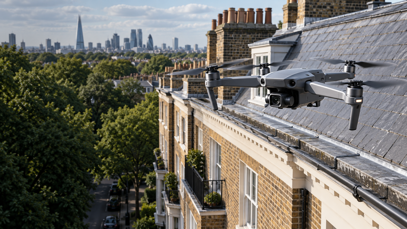 Illustrative drone above UK rooftops