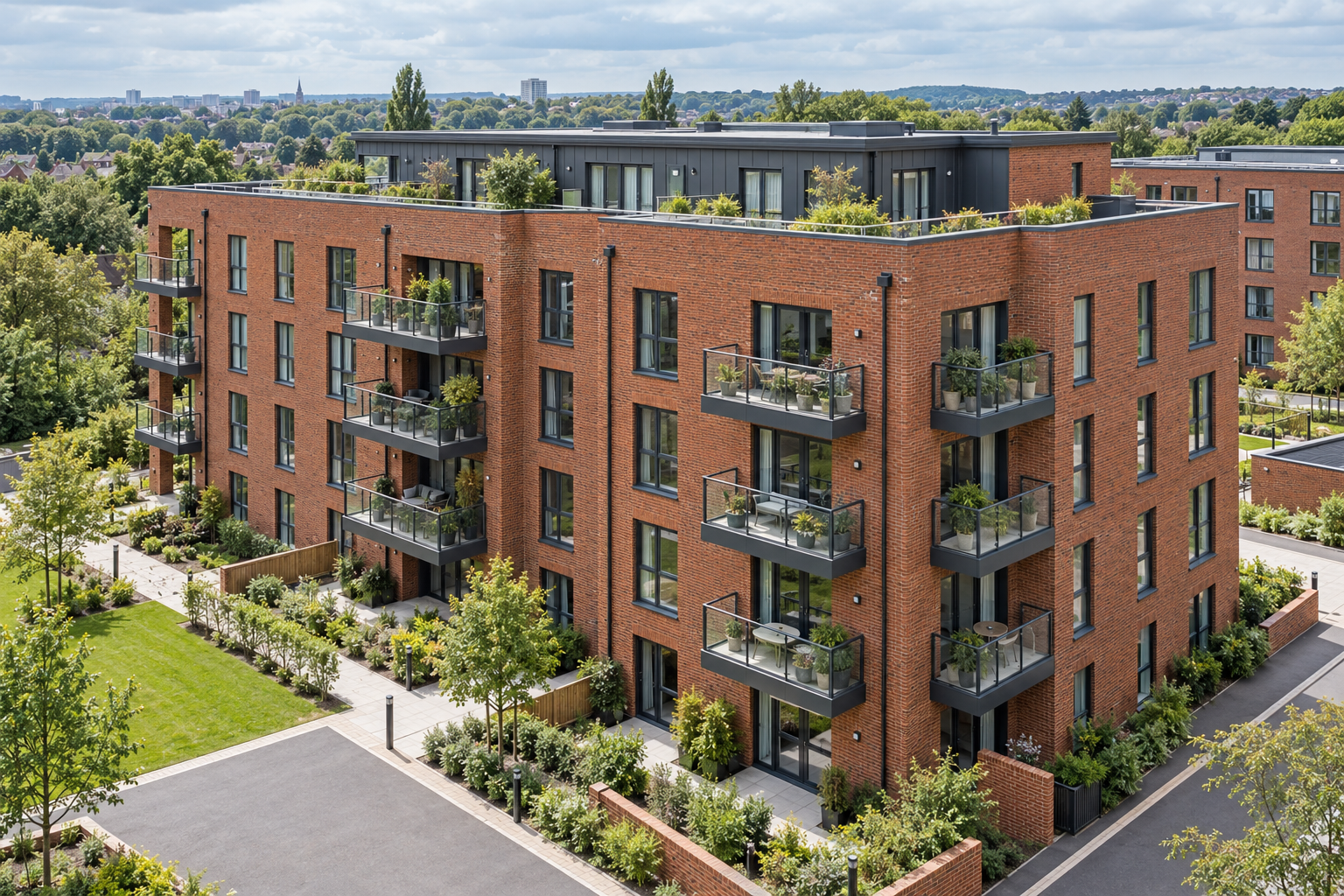 Illustrative aerial view of an apartment building facade