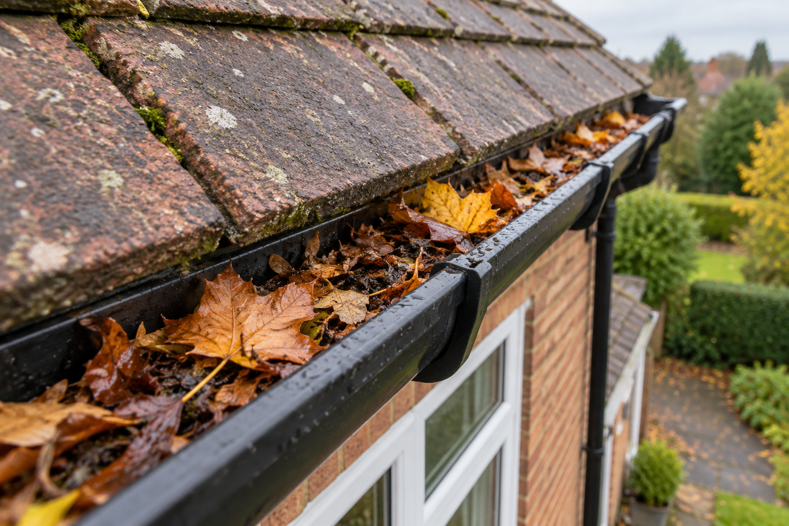 Illustrative close-up of gutter debris beside a tiled roof