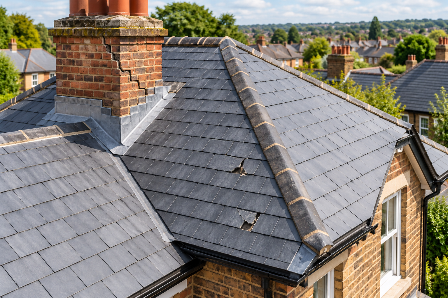 Illustrative aerial view showing broken roof tiles and a cracked chimney